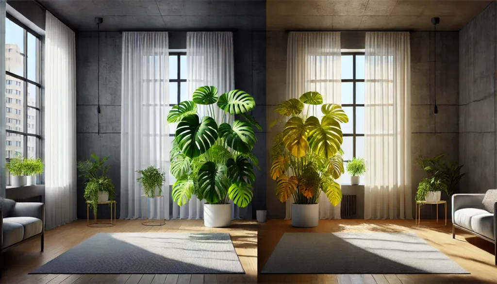 Comparativa de luz para plantas mostrando una Monstera saludable junto a la ventana y otra con falta de claridad.
