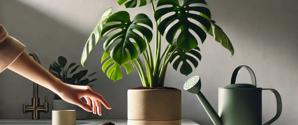 Persona realizando el test del dedo en la tierra de una Monstera para saber cada cuánto regar correctamente.