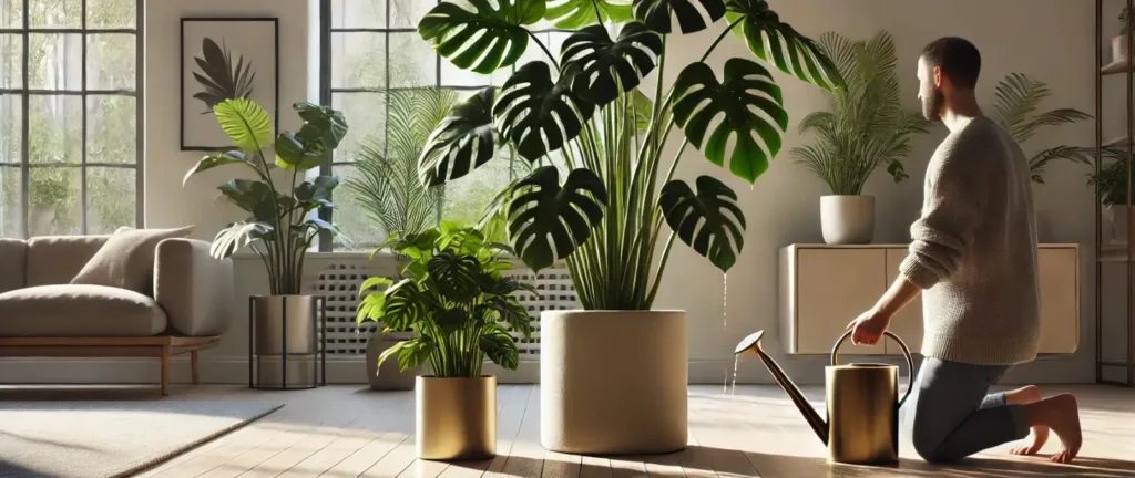 Primer plano de una regadera de cuello largo vertiendo agua con cuidado para mostrar cómo regar plantas en macetas sin hacer charcos.