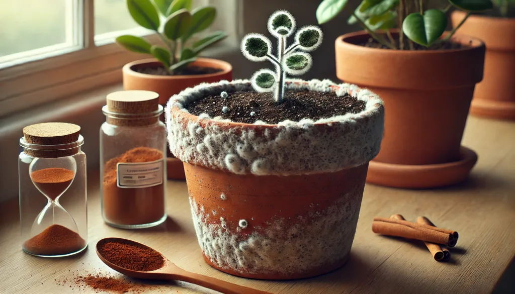 Primer plano de moho blanco sobre la tierra de una planta, ilustrando el problema de hongos en macetas.