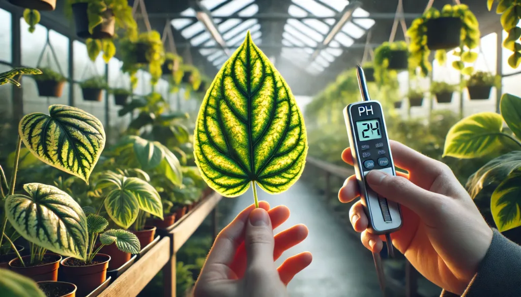 Primer plano de una hoja con clorosis mostrando venas verdes y tejido amarillento, representando las hojas amarillas en las plantas por falta de nutrientes.
