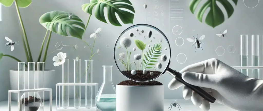 Primer plano de insectos en la tierra de las plantas bajo una lupa, mostrando larvas y mosquitos del mantillo sobre sustrato húmedo.