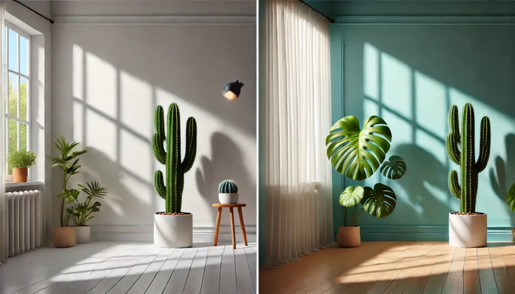 Comparación visual de luz directa e indirecta para plantas en un salón moderno con Monsteras y Cactus.