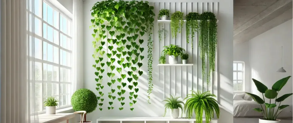 Variedad de plantas colgantes exuberantes como Pothos y Helechos decorando el estante alto de un salón moderno.