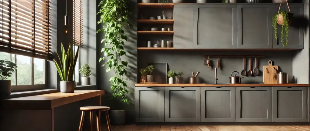 Variedad de plantas para cocinas con poca luz como Pothos y Sansevieria decorando un estante de cocina moderno.