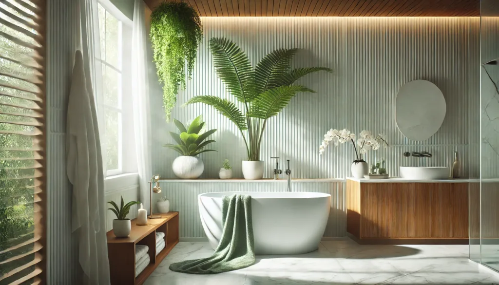 Decoración con plantas para el baño incluyendo helechos y Sansevieria en un estante moderno de madera.