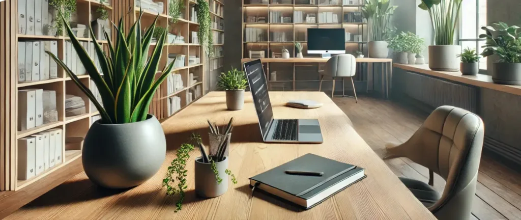 Escritorio de oficina en casa decorado con plantas para oficina como Sansevieria y Pothos en un ambiente moderno.