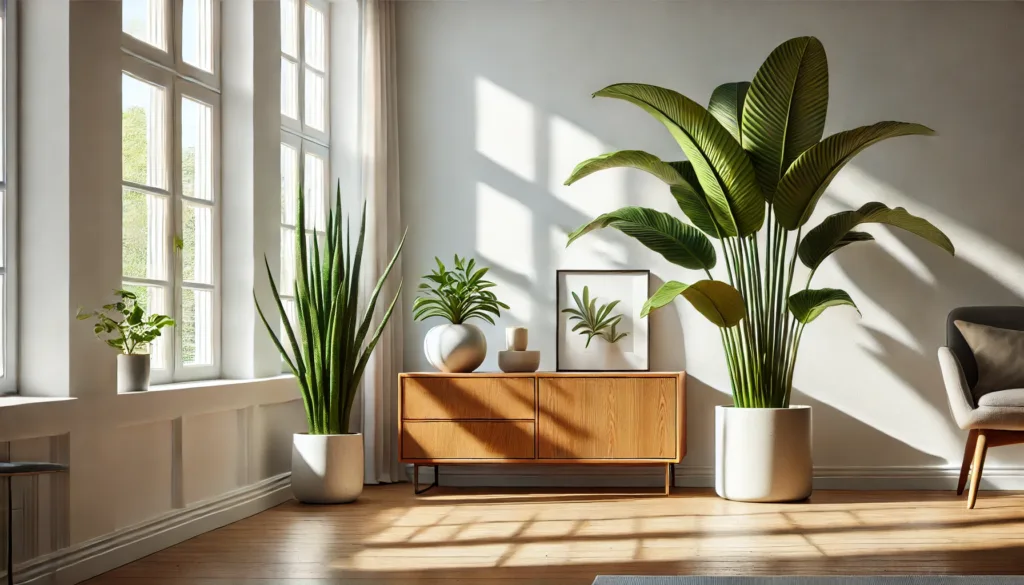 Colección de plantas que necesitan poca agua incluyendo Sansevieria y Zamioculca en una sala moderna.