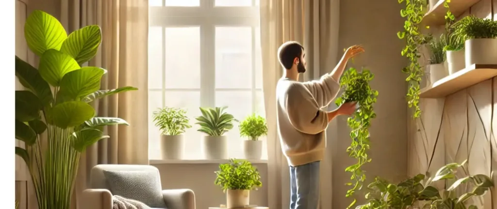 Persona sonriente sosteniendo una Sansevieria y un Pothos, ejemplificando qué plantas elegir si eres principiante sin experiencia.