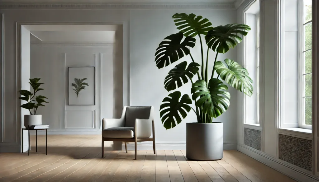 Sala de estar moderna con un rincón verde minimalista que incluye una Monstera Deliciosa en maceta de cerámica blanca.