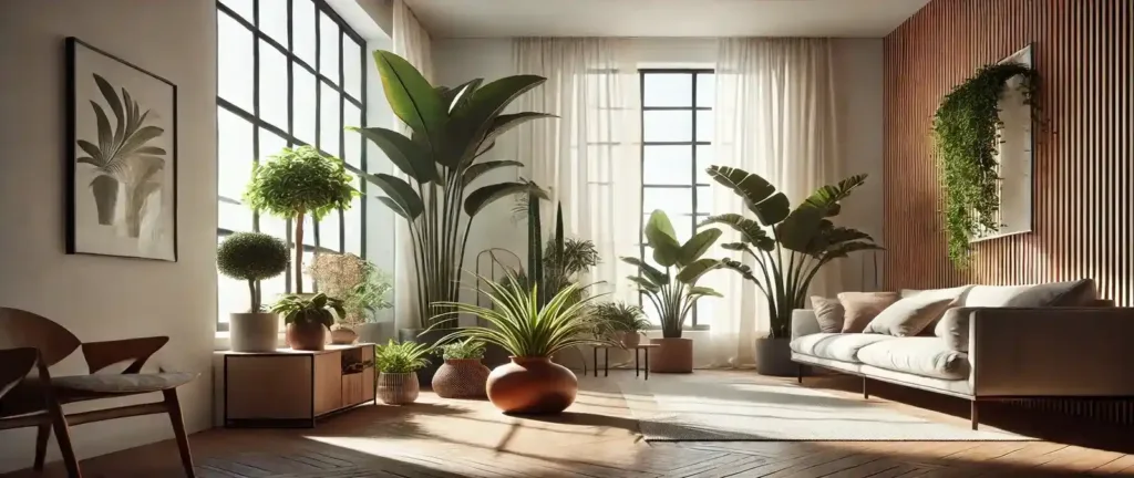 Plantas resistentes al calor en interior tropical con Sansevieria y Ficus Elastica bajo luz natural