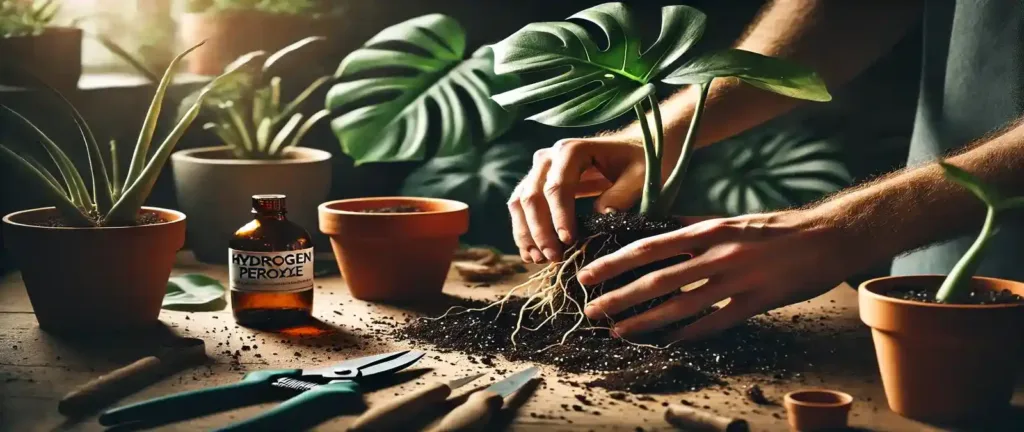Manos expertas mostrando cómo salvar una planta con exceso de riego, cortando raíces podridas de una Monstera con tijeras desinfectadas.