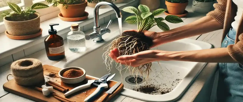 Manos limpiando raíces podridas en plantas bajo un grifo de agua para prepararlas para la cirugía botánica y eliminar hongos.
