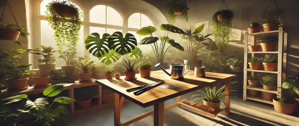Elegante sala de estar moderna mostrando una perfecta decoración con plantas de interior, incluyendo una gran Monstera y macetas nórdicas.