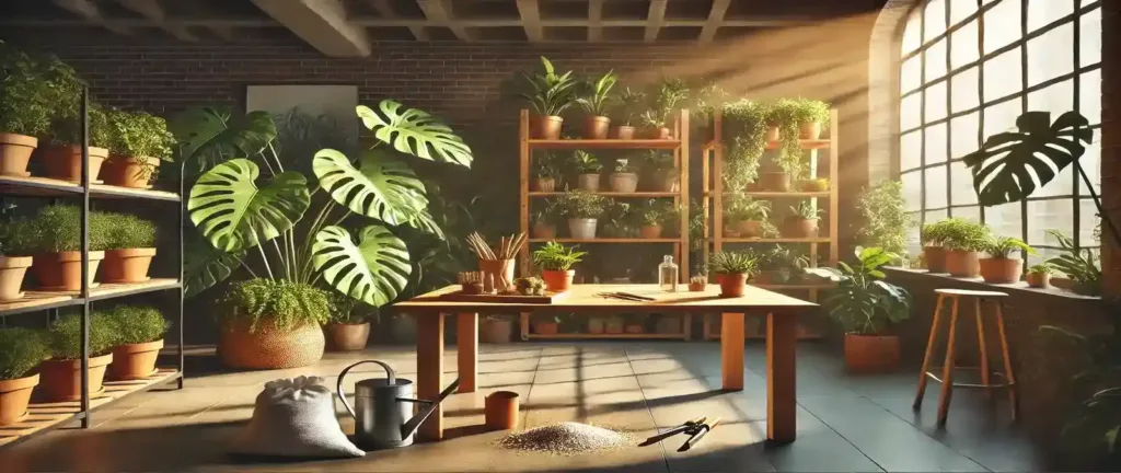 Persona realizando cuidados para plantas de interior podando y limpiando las hojas de una Monstera en un salón luminoso.