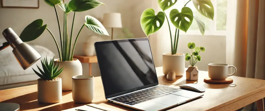 Moderno espacio de teletrabajo con una laptop, café y varias plantas para escritorios pequeñas como una Pilea y una Sansevieria purificando el aire.