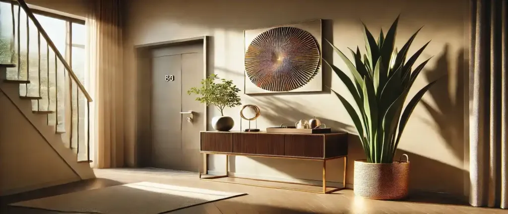 Elegante decoración con plantas para recibidores mostrando una Sansevieria alta junto a una consola de madera en una entrada iluminada artificialmente.
