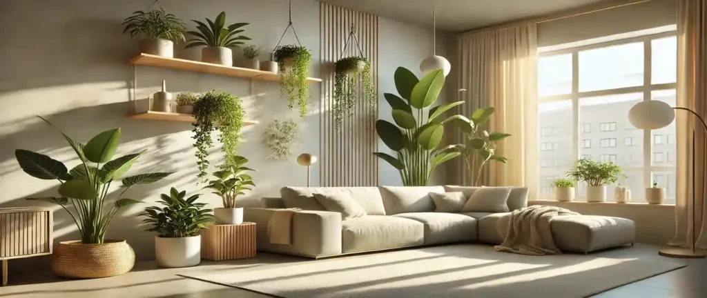 Variedad de plantas que purifican el aire como Sansevieria, Pothos y Cinta en una sala de estar moderna y luminosa.