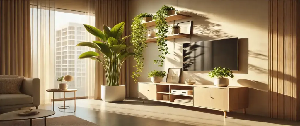 Diseño inteligente combinando plantas y muebles en espacios pequeños, con una estantería de madera clara y macetas de Pothos colgantes.