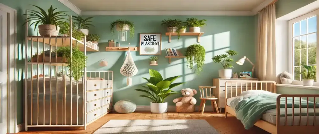 Plantas seguras para niños en habitación infantil incluyendo Cinta Helecho Boston Peperomia certificadas no tóxicas