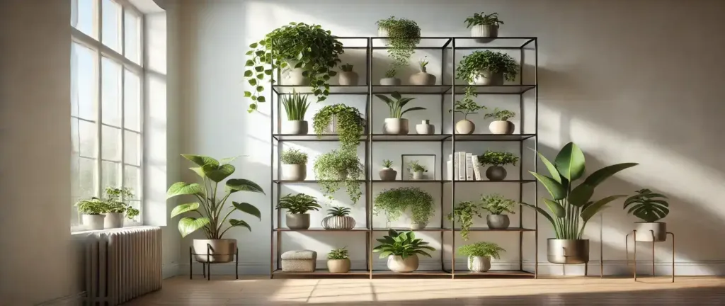 Estanterías con plantas de diseño profesional mostrando niveles con iluminación correcta y macetas protegidas