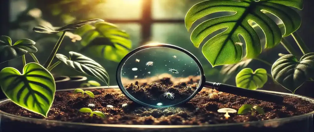 Primer plano de insectos en la tierra de las plantas bajo una lupa, mostrando larvas y mosquitos del mantillo sobre sustrato húmedo.