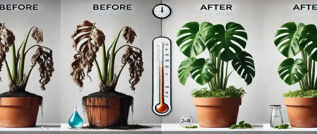 Planta con hojas caídas mostrando comparación antes y después de tratamiento diagnóstico correcto